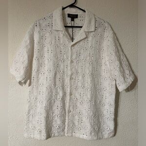 Truth Top Women Off White Eyelet Embroidered Short Sleeve Button Up NWT Size L